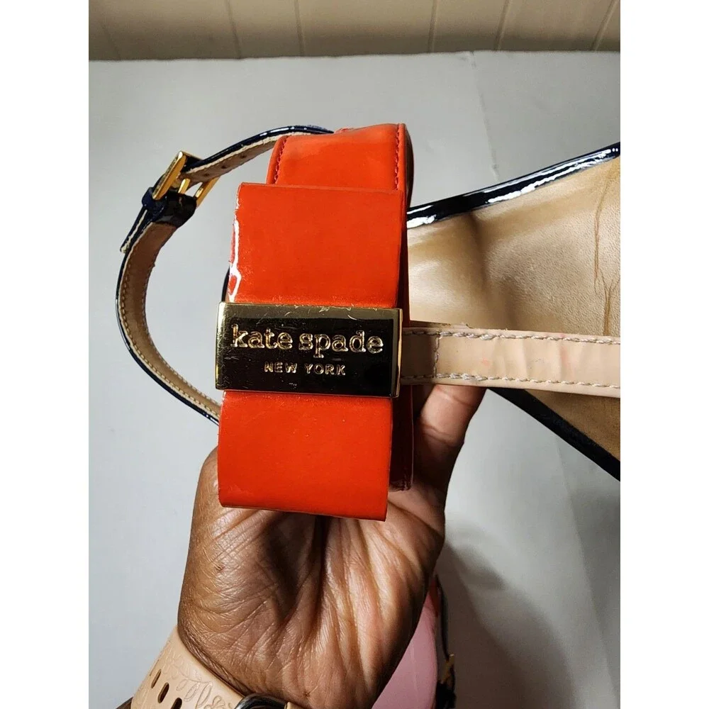 Kate Spade New York Patent Leather T-Strap Sandals Womens 7 Red Navy Bow Accent